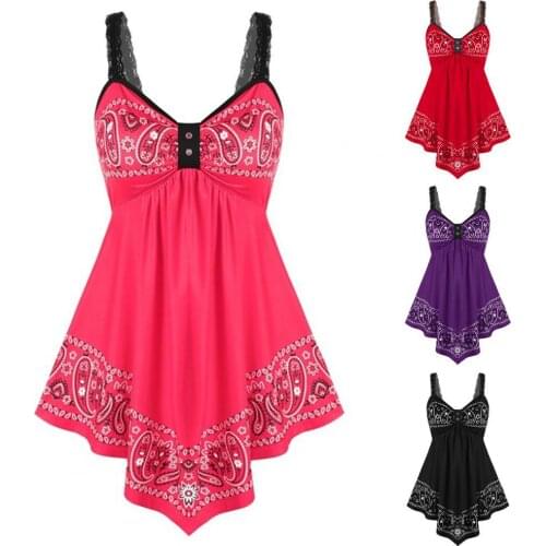 Summer Women Camisole Shoulder Straps V Neck Paisley Floral Print Sleeveless Irregular Hem Dress Vest Blouse Plus Size S-4XL