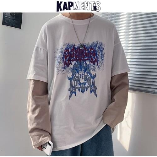 KAPMENTS Patchwork Men Harajuku Graphic T Shirts 2021 Autumn Mens Streetwear Hip Hop Long Sleeve Tshirts Male Korean Black Tops