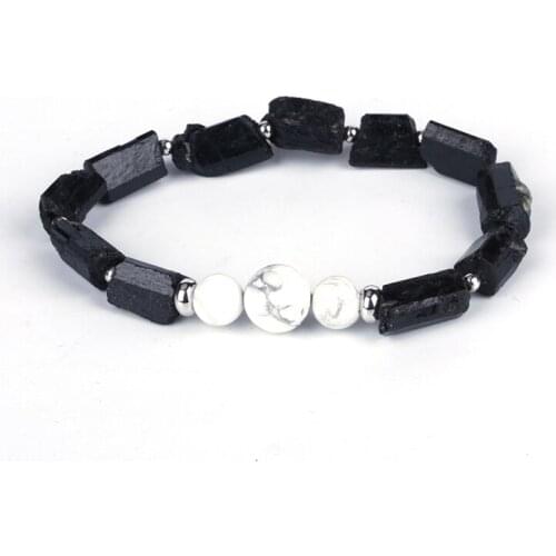 Natutal Rough Black Tourmaline White Turquoises Howlite Stone Bead Charm Unisex Healing Energy Bracelet For Man Women