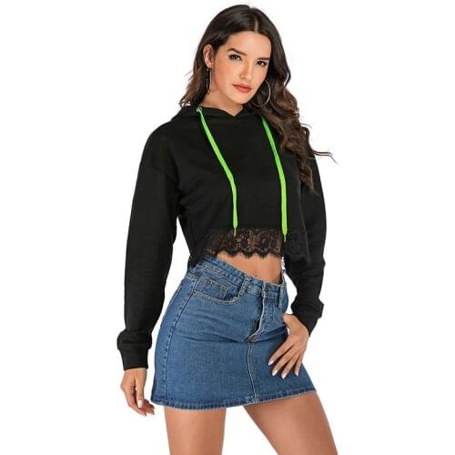 Neatie kiddie Black Lace Patchwork Women Hoodies Sweatshirt Long Sleeve Slim Pullovers Tops Short Hoodie Casual Clothes