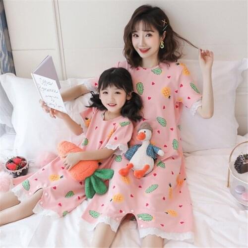 Night skirt parent-child cotton nightdress girl mother and daughter summer short-sleeved childrens Nightgown cartoon pijama