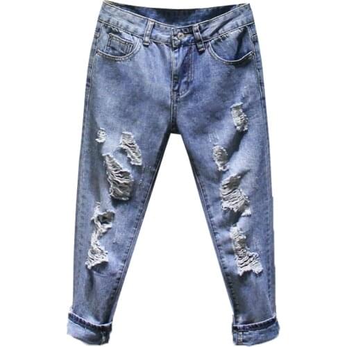 2020 New Women Fashion Mid Waist Boyfriend Big Ripped Hole Jeans Casual High Street Denim Pants Sexy Vintage Ankle-Length Jeans