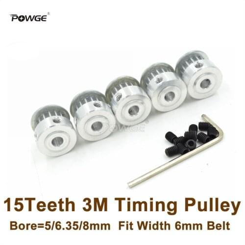 POWGE 5pcs 15Teeth 3M Timing Pulley Bore 5/6.35/8mm Fit Width 6mm HTD 3M Belt 15T 15 Teeth HTD3M Pulley CNC Engraving Machine