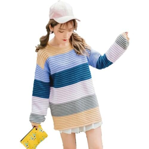 Autumn Finter Korean Version New Rainbow Color Striped Ladies Pullover Sweater Round Neck Wave Bump Fabric Sweate Female W10