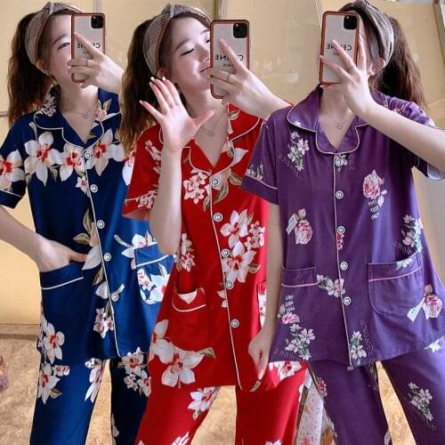 Plus Size Cotton Short Sleeve Long Pants Pajama Sets for Women 2021 Summer Print Sleepwear Pyjamas Homewear Pijama Mujer Clothes