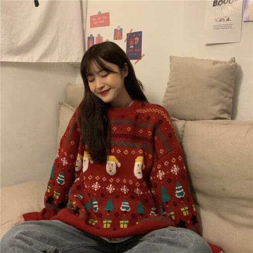 Christmas Red Sweater Women Fall And Winter Loose Wear 2021 New Thick Knit Cute Tops Vintage Long Sleeve Winter Clothes 2021