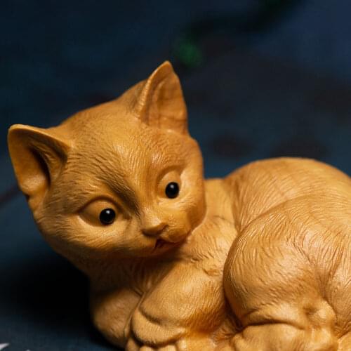 Boxwood 8CM Cat Sculpture Animal Cute Wood Lying Kitten Statue Lucky Home Decor