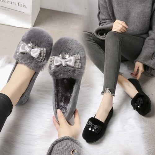 Silk riband bow fur shoes rhinestone pendant warm moccasins women brand winter shoes plush big size fluffy shoes zapatos mujer