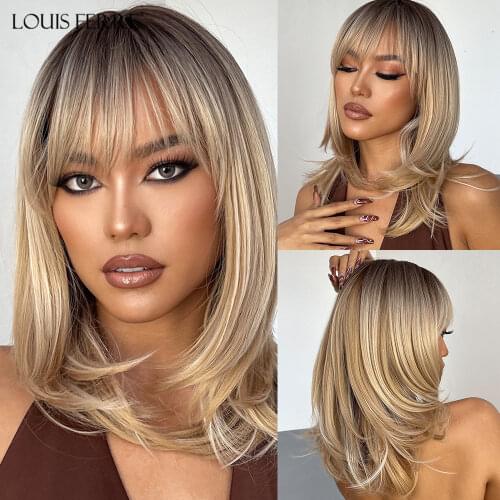 LOUIS FERRE Medium Wigs for Women Afro Synthetic Hair Heat Resistant Fiber Ombre Black Blonde Ash Wavy Layered Wigs with Bangs