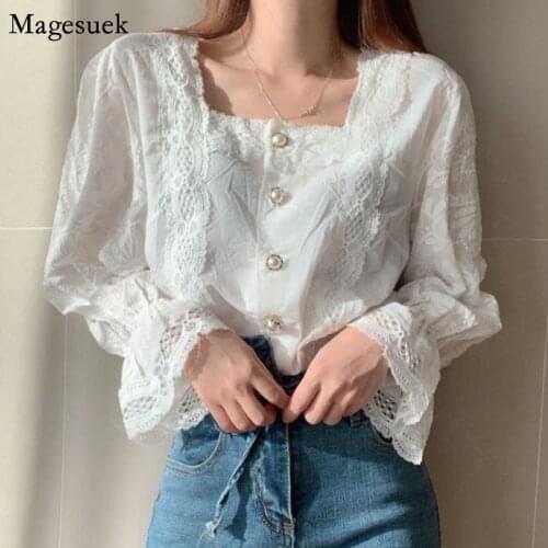 Korean Chic Hollow Lace Button Woman Shirt Elegant Square Collar White Blouse Women Long Flare Sleeve Tops Female Blusas 13688