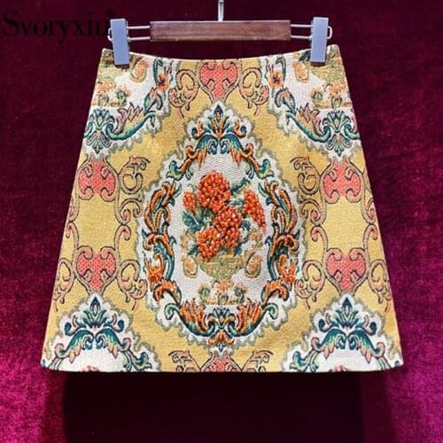 Svoryxiu 2021Runway Designer Autumn Vintage Jacquard A- Line Mini Skirt Womens Manual Beaded Flower Print Skirt