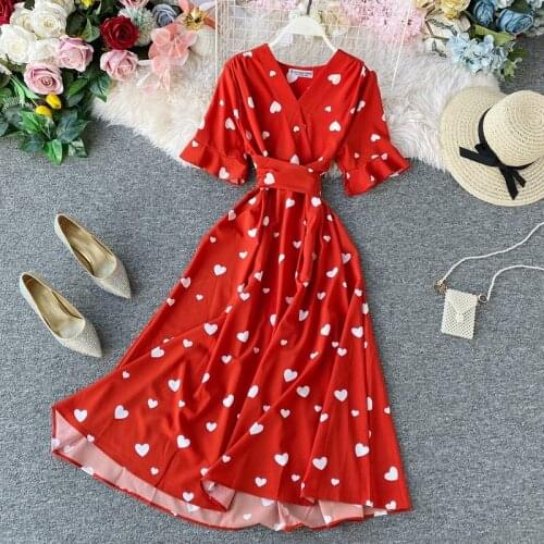 Women Printed Floral Dress Cross V Neck Slim Long Vestido Summer Elegant Chiffon Short Flare Sleeve Dresses Femme