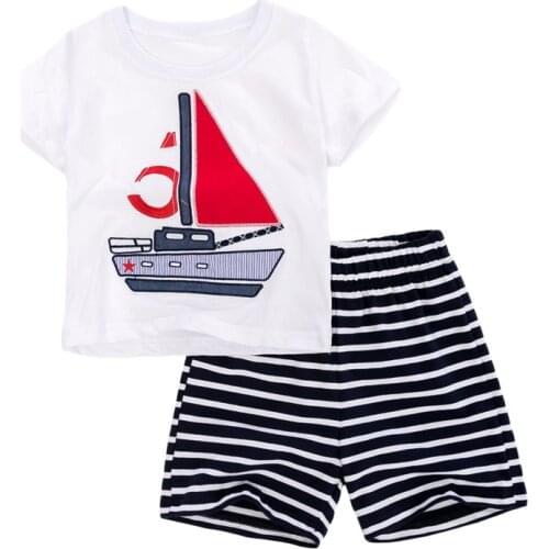 2021 Summer New Fashion Toddler Boy Clothes Casual Cotton Sailboat Print Children Set White T Shirt + Striped Shorts 20719