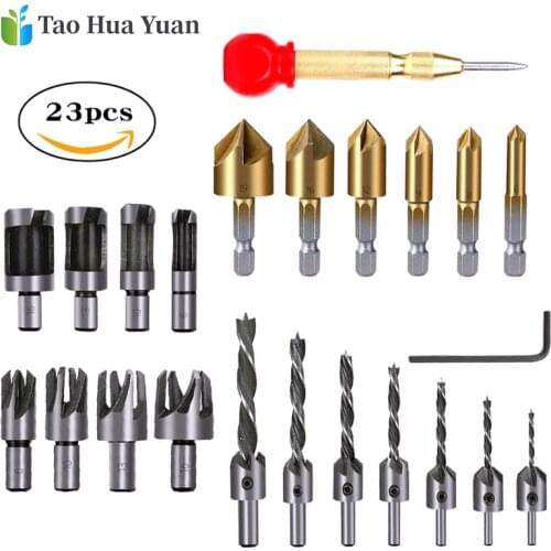 23Pcs/Set Woodworking Chamfer Countersink Drill Bit 1/4 Inch Hex 5 Flute 3 Pointed Wood Plug Cutter Automatic Center Pin Punch