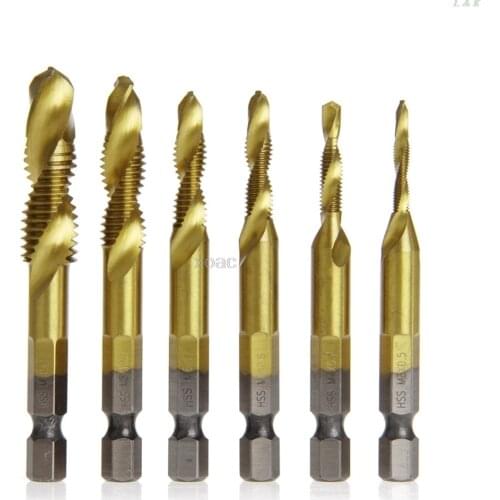 6 Pcs/Set HSS4241 Titanium Coated Drill Bits Hex Shank Spiral Tap M3-M10 M04 dropship