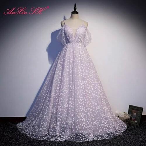 AnXin SH princess purple lace little flower evening dress French Retro spaghetti strap ruffles illusion lace up evening dress
