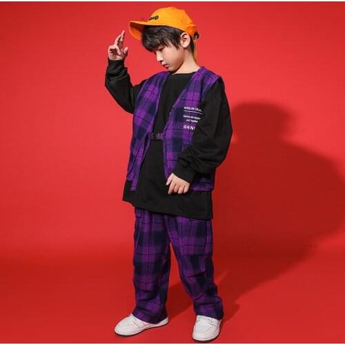 Childrens Sets Plaid Long Sleeve T-shirt Cargo Pant Kids Streetwear Hip Hop Tracksuit Sports Trousers Stage Show Dance Clothing
