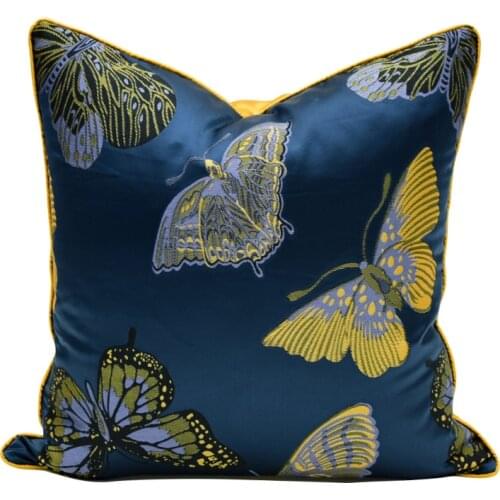 DUNXDECO Cushion Cover Decorative Pillow Case Modern Luxury Deep Blue Elegant Butterfly Jacquard Artistic Chair Cushion Cover