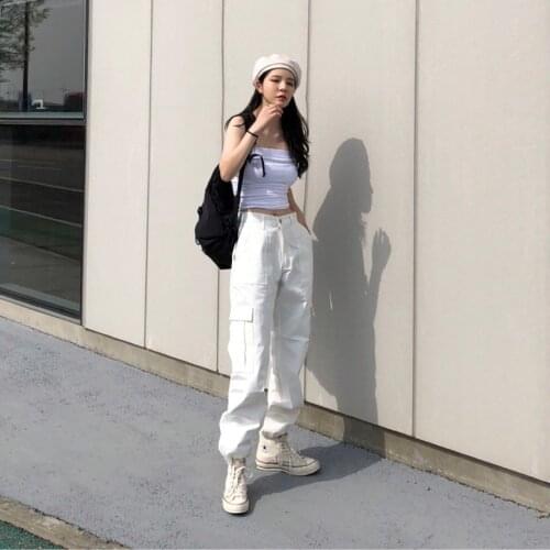 Guima Girl Korean chic retro original suzerain designer white pants neutral and handsome overalls casual pants