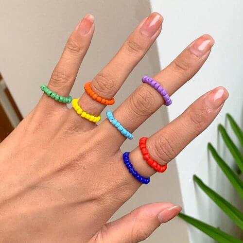 IngeSight.Z 7Pcs/Set Rainbow Colorful Seed Beaded Chain Rings for Women Girls Charm Elastic Finger Rings Jewelry Accessories