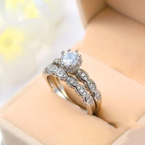 2pcs/lot high quality 925 sterling silver Double row White CZ For Women Fashion Cubic Zirconia Lover Wedding Engagement ring Set