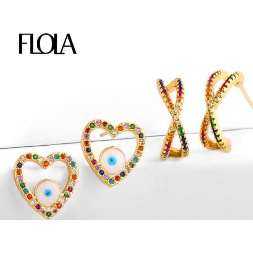 FLOLA Cute Love Heart Earrings For Women Rainbow Zircon Stud Earrings Infinity Statement Gold Crystal Greek Eye Jewelry ersr93