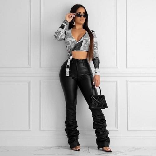 Fashion style black leather pants lady high waist pleated pencil pants high street hot sale skinny leather pants DLD8619
