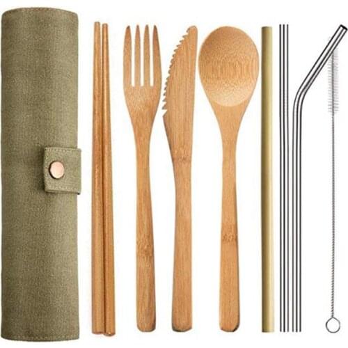 Bamboo Cutlery Set with Cutlery Bag Reusable Wooden Cutlery Fork Spoon Knife Set Tableware Nature bamboo Travel eco friendly