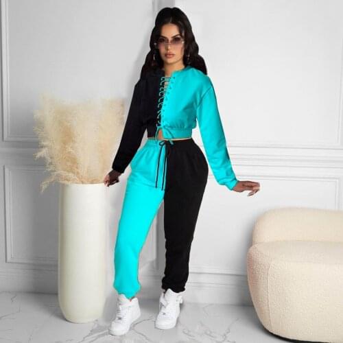 Autumn Two Piece Set Women Fashion Stitching Color Cross Bandage Top Pant Suit Women Sports Street Two Piece Suit