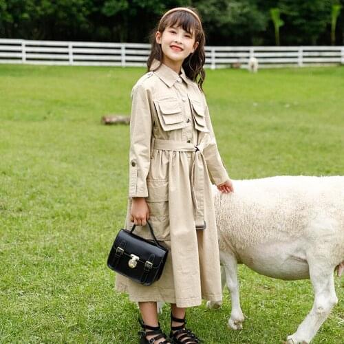 Maxi Long Teenager Girls Long Sleeve Dresses Pockets Spring Autumn 2021 New Cotton Button Dress For Girl Clothing With Belt