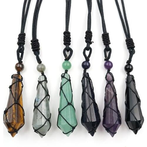 FYSL Handmade Weave Hexagon Prism Many Colors Quartz Stone Pendant Rope Chain Necklace for Women Jewelry