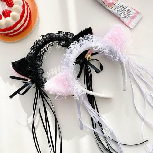 Women Gothic Lolita Maid Cat Ear Headband Soft Lace Ribbon Headbands Anime Cosplay Accessories Ruffles Hair Hoop