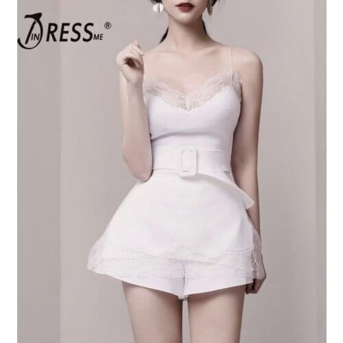 INDRESSME 2019 New Women Spaghetti Straps Skinny Sexy Sleeveless Sashes Buckle Lace Top Bodycon Fashion Party Club Top Hot