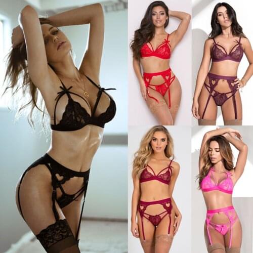 Womens Sexy Lingerie Set Lace Bandage Bralette Bras Garter Belt Womens Underwear G-string Sleepwear Erotic Cos Exotic Sets