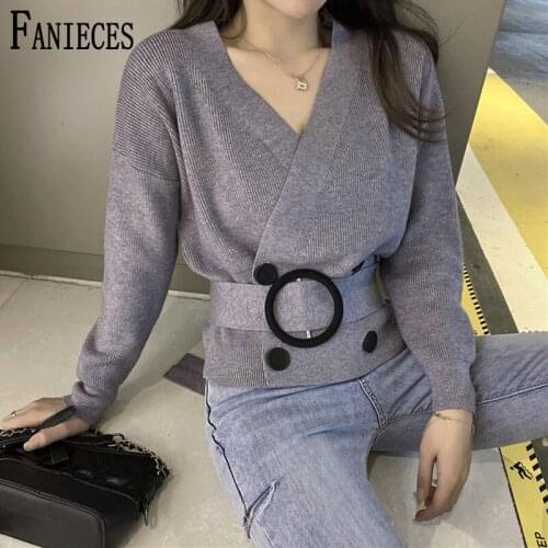 Womens gray V-neck slim knitted jumper knitted sweater with belt woman sweaters and pullovers kobieta swetry свитер женский