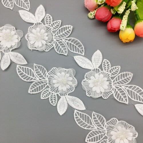 1 Yard Organza Flower Beads Lace Leaves Trim Embroidered Ribbon Rhinestones Applique Sewing Craft For Ball Gown Wedding Dress