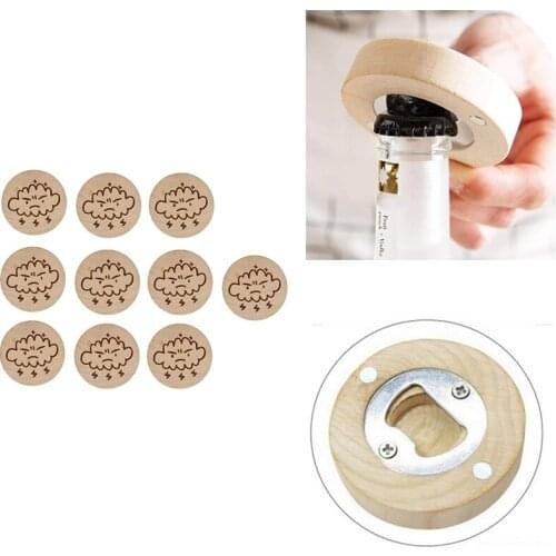 10 PCS Wooden Round Shape Bottle Opener,Coaster Fridge Magnet Decoration,Beer Bottle Opener