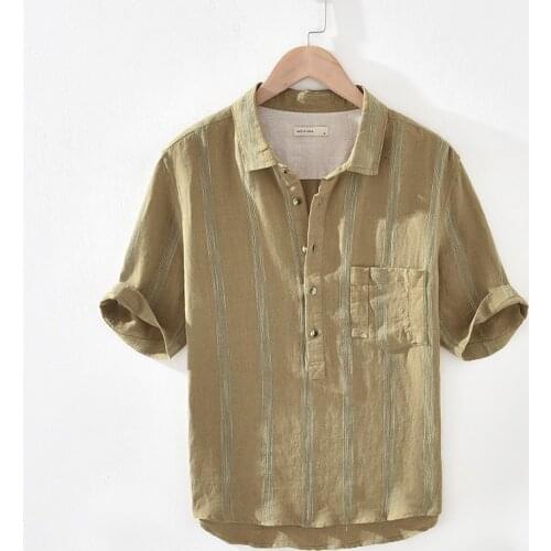 100% Linen new style half sleeve striped khaki shirts men brand casual trendy shirt men comfortable chemise camisa tops mens