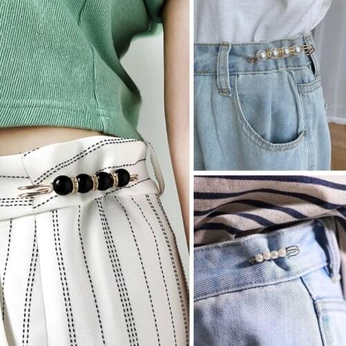 13MC Sweater Shawl Clip Double Faux Pearl Brooches Shirt Pin Buttons Pearl Crystal Waist Pants Extender Safety Pins for Women