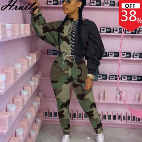 Hot Sale Track Suit Long Sleeve Top Woman Pants Leopard Camouflage Print Color Matching Set Clothes for Women Plus Size 2 Pc