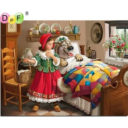 DPF diamond embroidery Little girl and big wolf diamond painting cross stitch needlework square home decor diamond mosaic kit