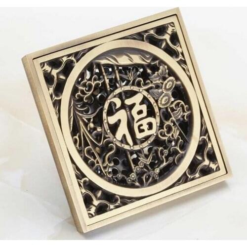 Antique Brass Square Carve Blessing Pattern Floor Drain Bathroom Shower Waste Washing Drain Grate ahr018