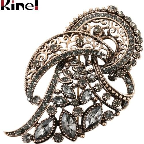 Kinel Vintage Gray Crystal Flower Turkish Brooch Pin For Women Antique Gold Arabesque Rhinestone Brooch Lapel Scarf Broches 2019