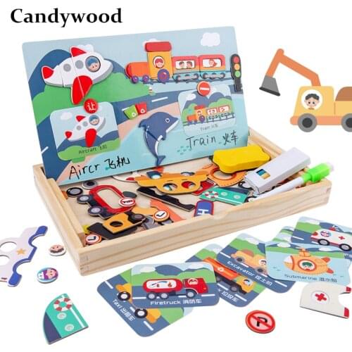 Kids Magnetic Puzzles Wooden Toys Vehicle Cognition Puzzle Multifunction Draw Board Games Educational Toys For Children Game