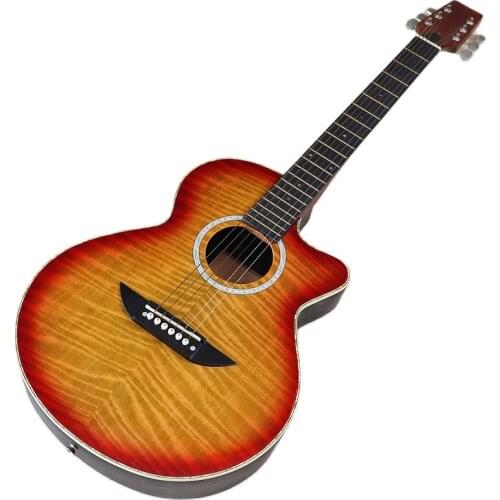 Stock 38 inch round back electric acoustic guitar basswood top high gloss 6 string folk guitar with small flaws