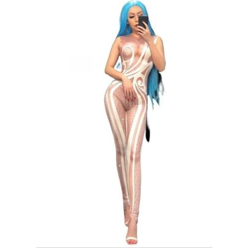 Women New White Flower Skin Color Sexy Sleeveless Jumpsuit Sparkling Crystal Nightclub Party Bodysuit Stage Wear Singer Dancer