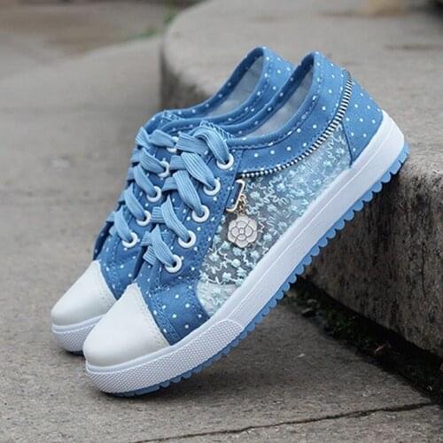 New Arrival Spring Summer Womens Hollow Denim Sneakers Flat Casual Sports Shoes Breathable Cloth Shoes Student Mesh Shoe