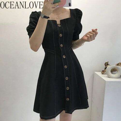 OCEANLOVE Puff Sleeve Vestidos De Mujer Square Neck Korean Chic Retro Summer Robes Elegant A-line High Waist Woman Dresses