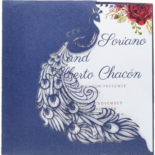 Luxurious peacock style laser cut wedding invitation card pocket invitation with envelopes