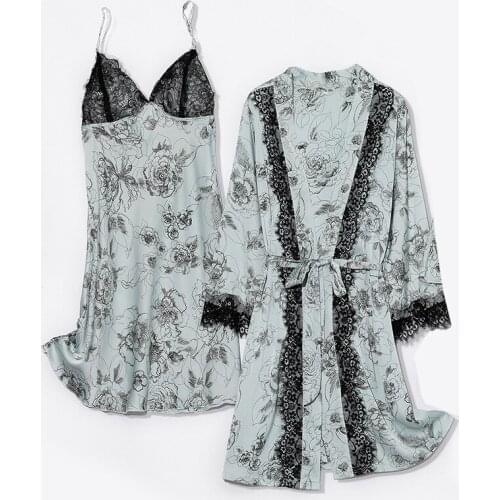 Silky Nightdress Intimate Lingerie With Pads Spring New Lace Sleepwear Satin Women Sexy Robe Sets 2 Pieces Suit Nightwear